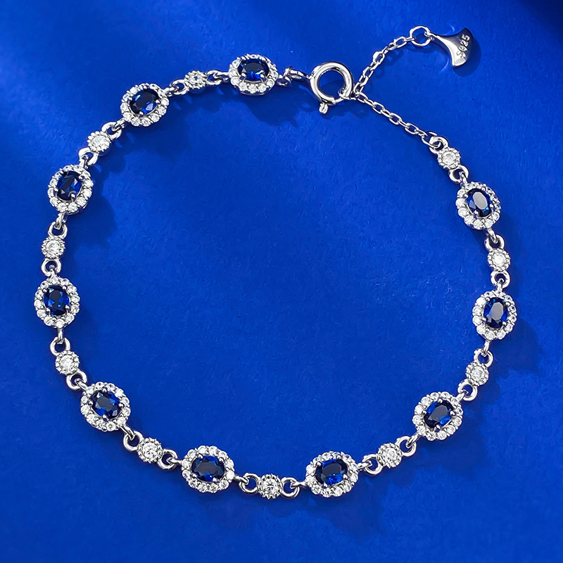 Blue Sapphire Oval Tennis Bracelet - 3x4mm Sterling Silver - Sterling Silver (925) fine jewelry