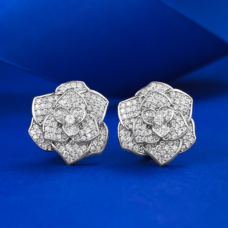 Camellia Rose Flower Studs - Pavé Sterling Silver - Sterling Silver (925) fine jewelry