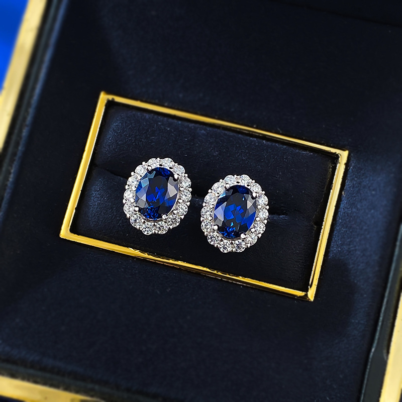 Blue Sapphire Oval Studs - 6x8mm Sterling Silver - Sterling Silver (925) fine jewelry