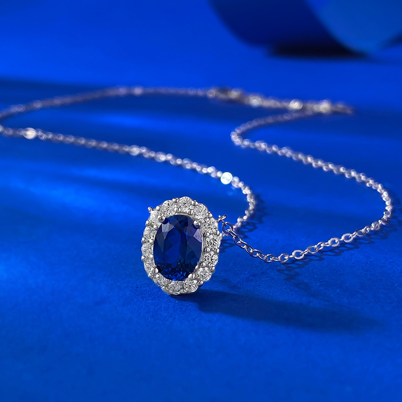 Blue Sapphire Oval Pendant - 6x8mm Sterling Silver - Sterling Silver (925) fine jewelry