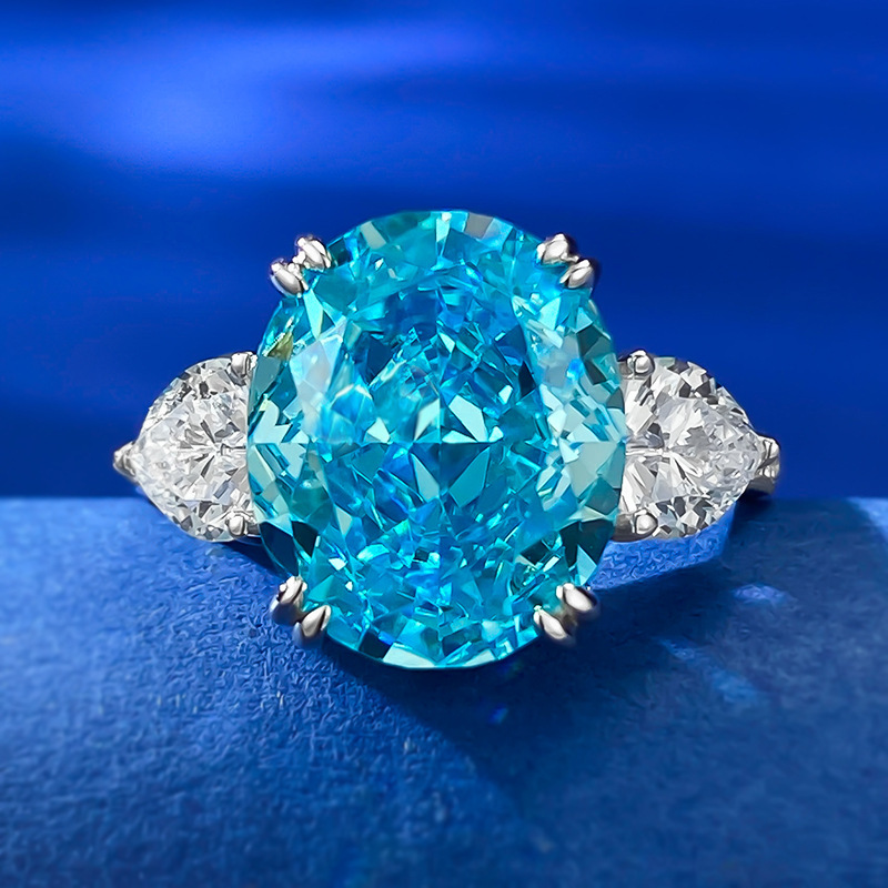 Aquamarine Ice Cut Oval Ring - 10x12mm Sterling Silver - Sterling Silver (925) fine jewelry