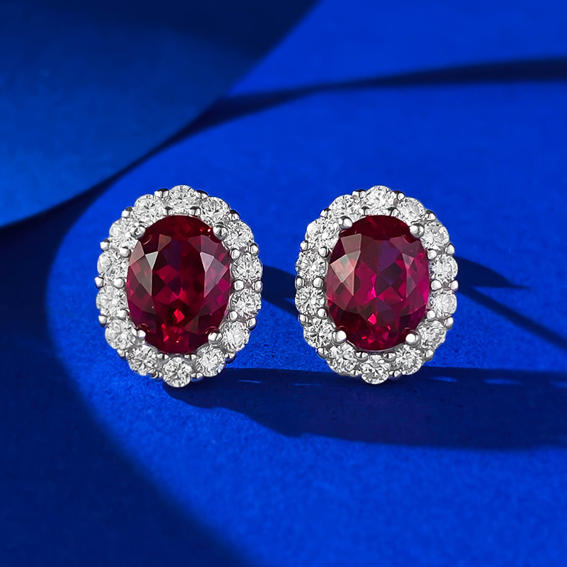 Pigeon Blood Red Ruby Studs - 6x8mm Oval Sterling Silver